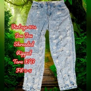 📣Vintage 80s Jou Jou High Waist Jeans 👖 Shreaded Ripped Torn F/B Fit 3-5 🤘🤩